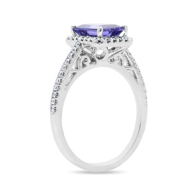 9ct White Gold Emerald Shape Tanzanite and Diamond Halo Ring - Image 2