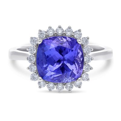 18ct White Gold Cushion Cut Tanzanite Diamond Halo Ring - Image 2