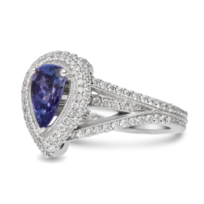 18ct White Gold Pear Tanzanite Diamond Halo Ring - Image 3