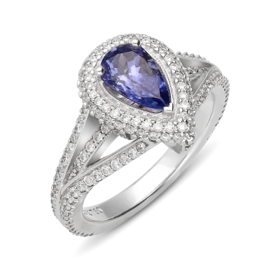 18ct White Gold Pear Tanzanite Diamond Halo Ring - Image 2