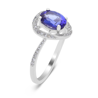 18ct White Gold Tanzanite and Diamond Swirl Halo Ring - Image 2
