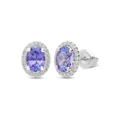 9ct White Gold Oval Tanzanite Halo Stud Earrings