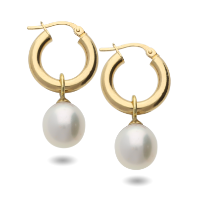 9CT YELLOW GOLD PEARL HOOP EARRINGS