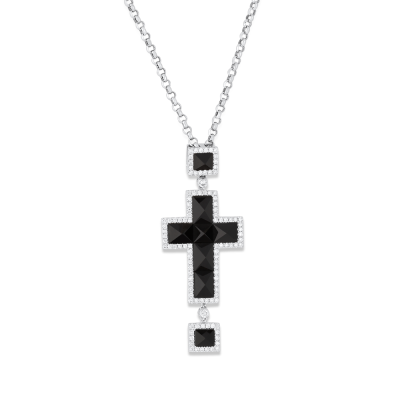 18ct White Gold Onyx and Diamond Cross Pendant