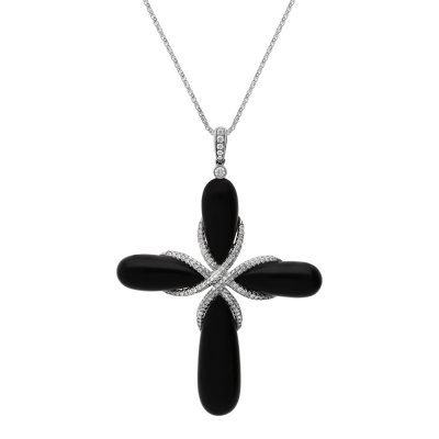 18ct White Gold Onyx and Diamond Pendant and Chain