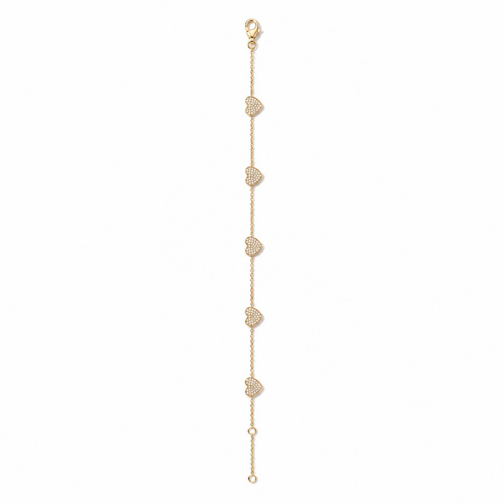 9K Yellow Gold Pavé Diamond Heart Station Bracelet 18cm