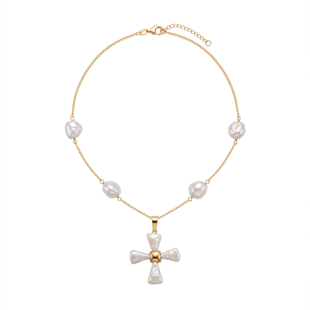 9K Yellow Gold Keshi Pearl Cross Pendant