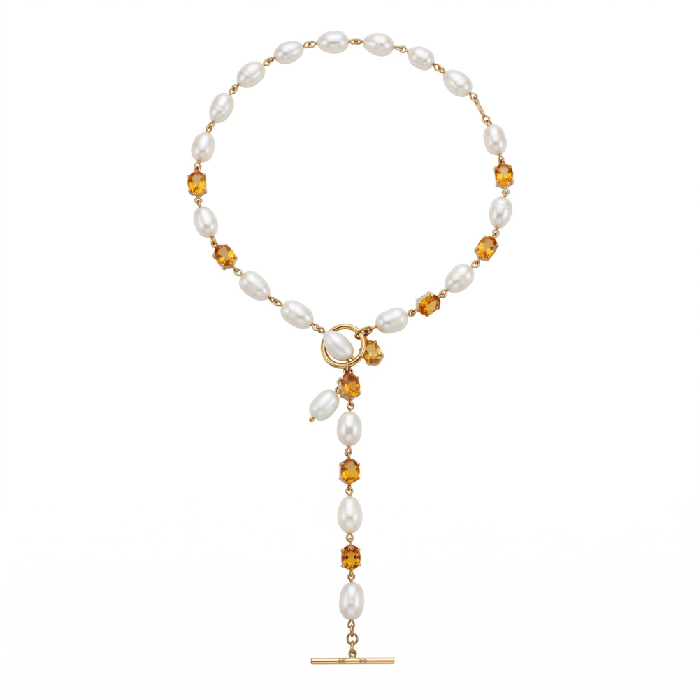 Chryssa Freshwater Pearl & Citrine Y-Drop Necklace in 9K Yellow Gold