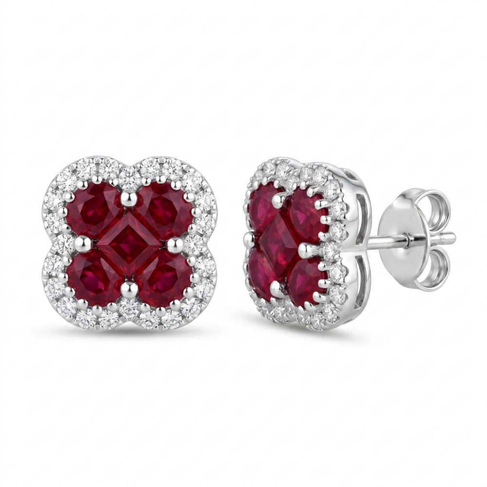 14K White Gold Ruby & Diamond Clover Stud Earrings