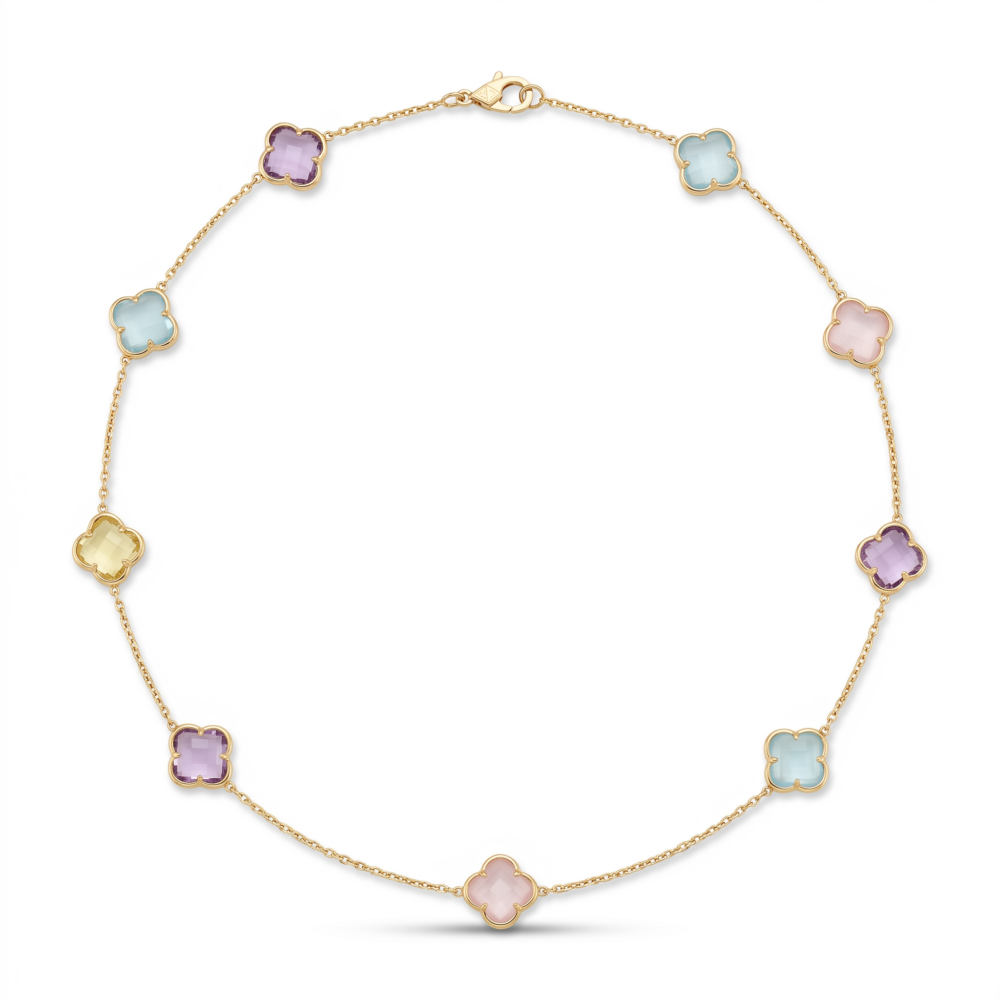 9K Yellow Gold Multicolour Clover Stone Necklace 50cm