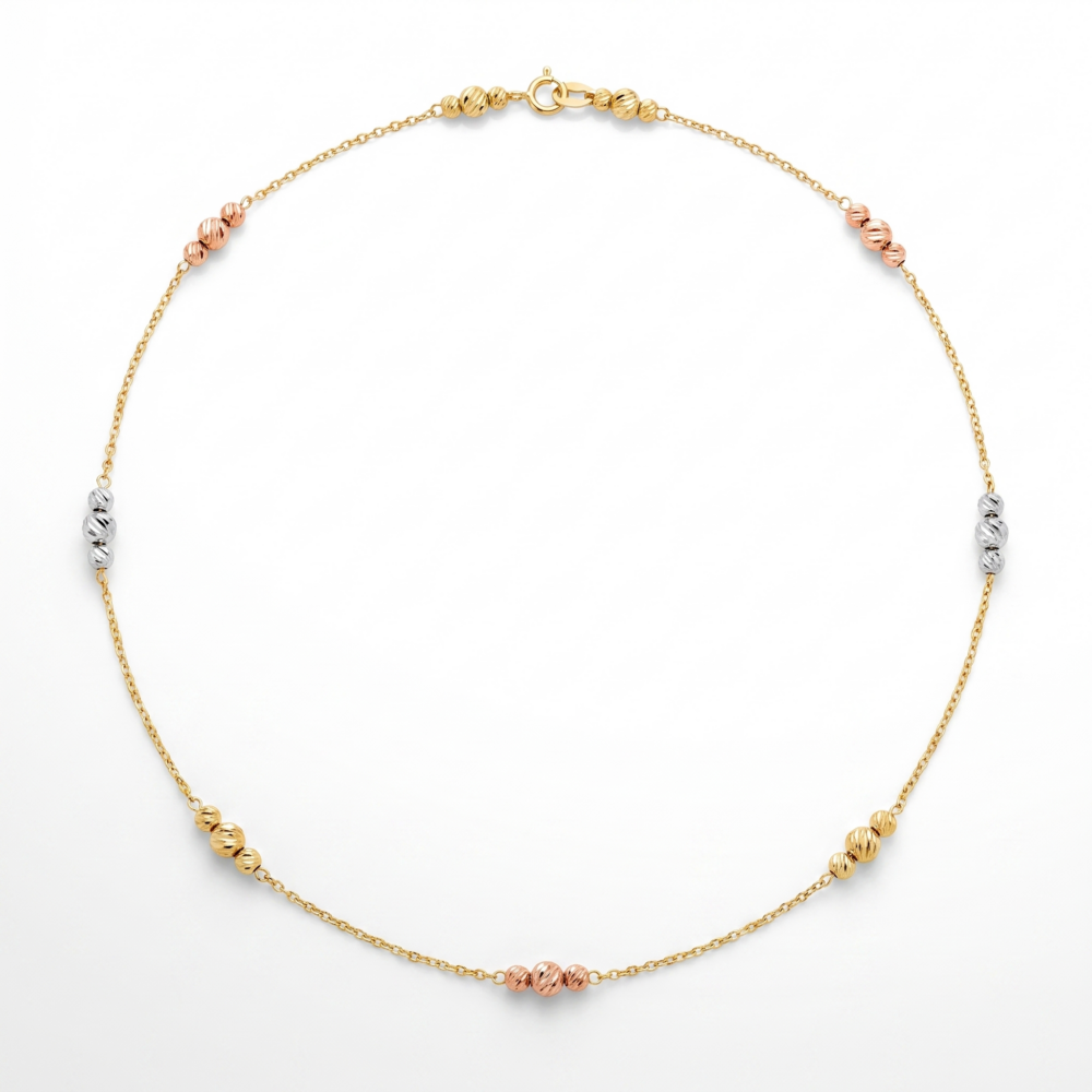 9K Tri-Colour Gold Anchor and Ball Chain Necklace 45cm