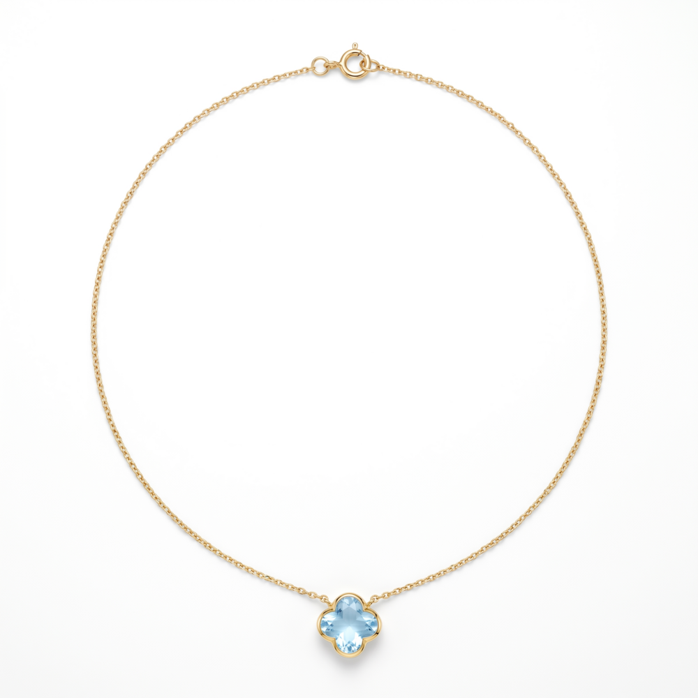 9K Yellow Gold Blue Clover Stone Necklace 45cm
