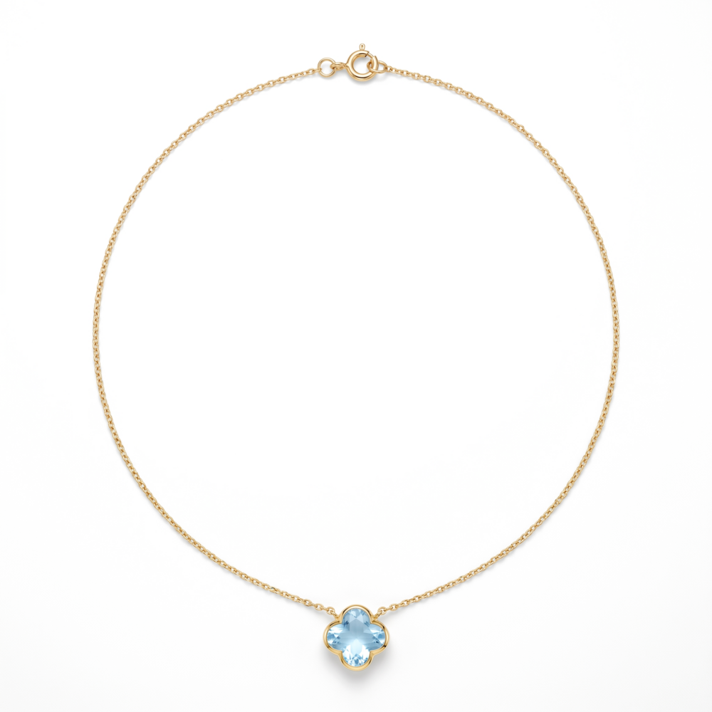 9K Yellow Gold Blue Clover Stone Necklace 45cm