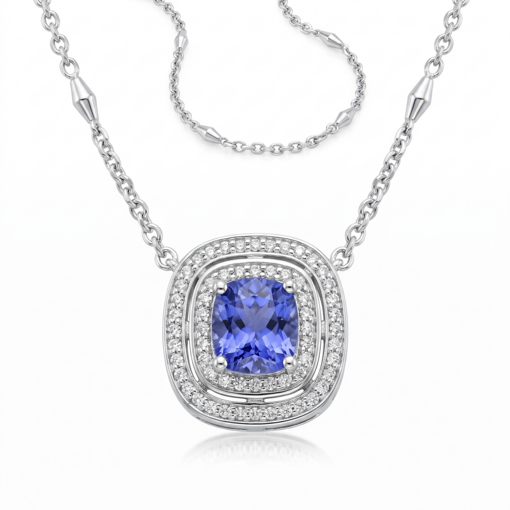 18K White Gold Tanzanite & Diamond Double Halo Necklace