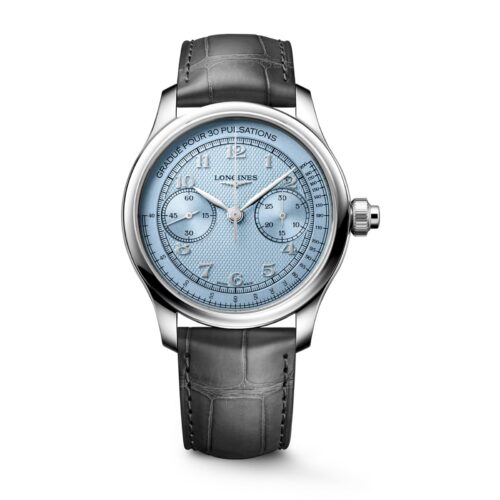 Longines Master Collection Chrono Monopusher L29604932 frosted blue dial on anthracite leather strap